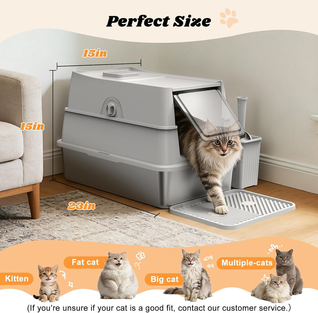 Stainless Steel Litter Box with Lid | XL Enclosed Covered Cat Litter Box