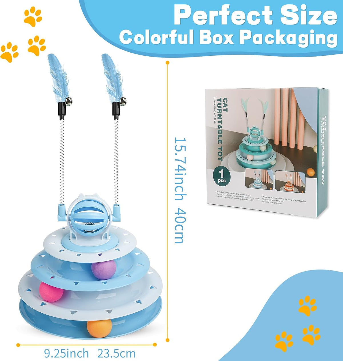 Interactive Cat Toys Kitten Puzzle Ball with 2 Cat Teasers (Blue)