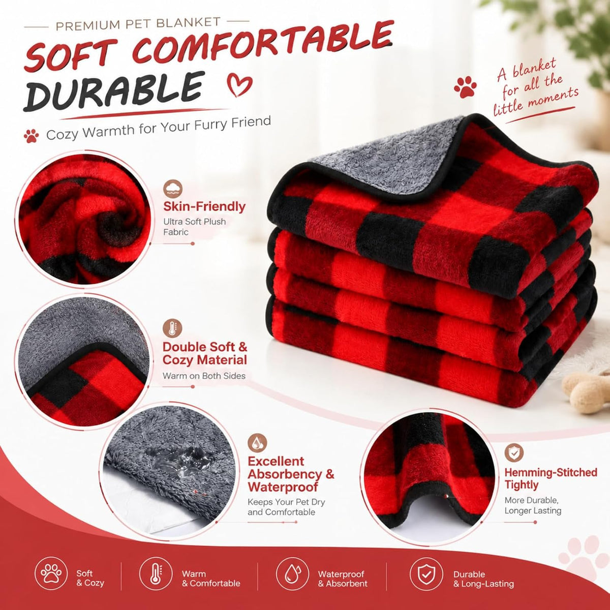 Reginary 4 Pcs Guinea Pig Fleece Cage Liners, Plaid, 24 x 47 Inch