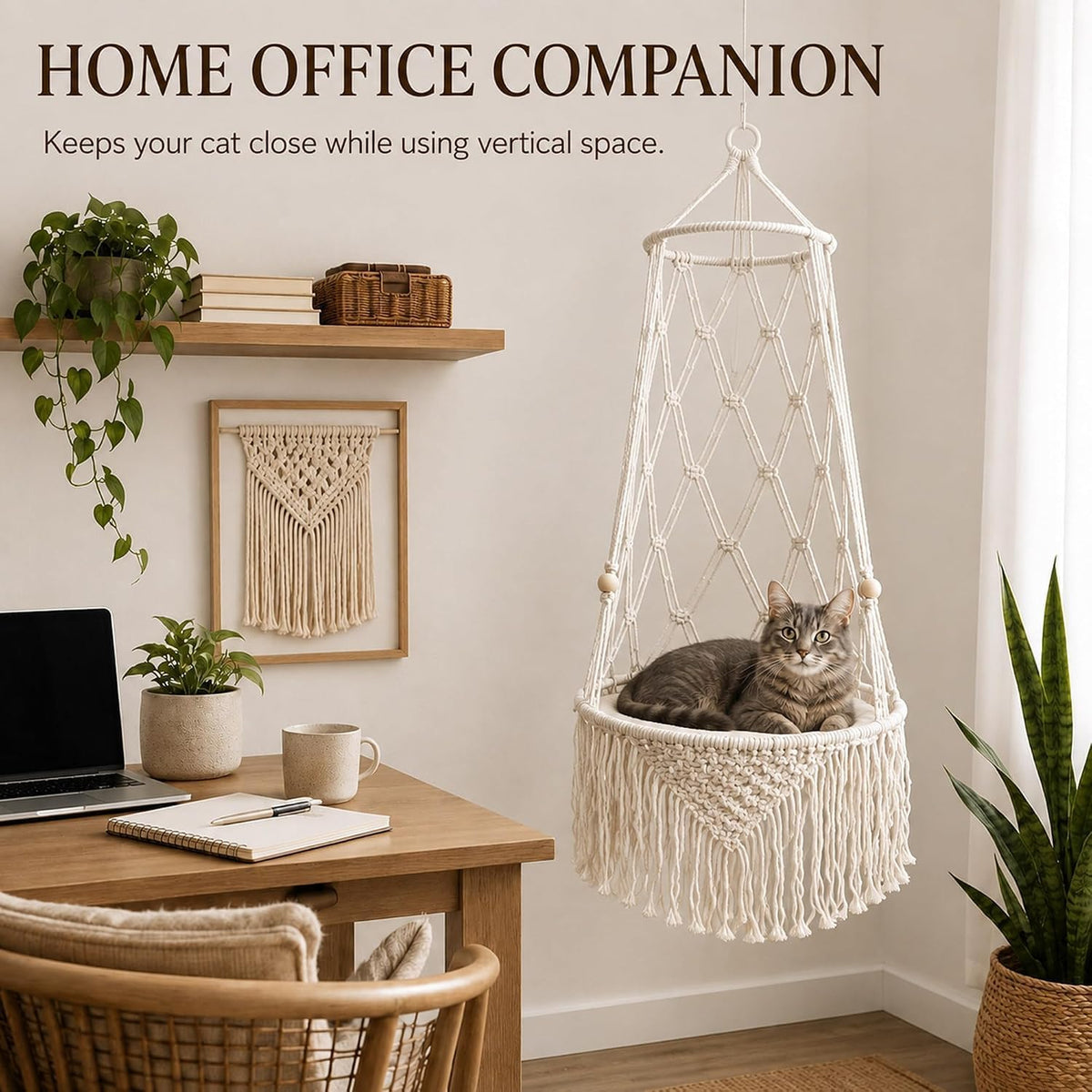 Macrame Cat Bed Hanging, Boho Hammock with Cushion for Indoor Cats (C,Diameter 50 cm)