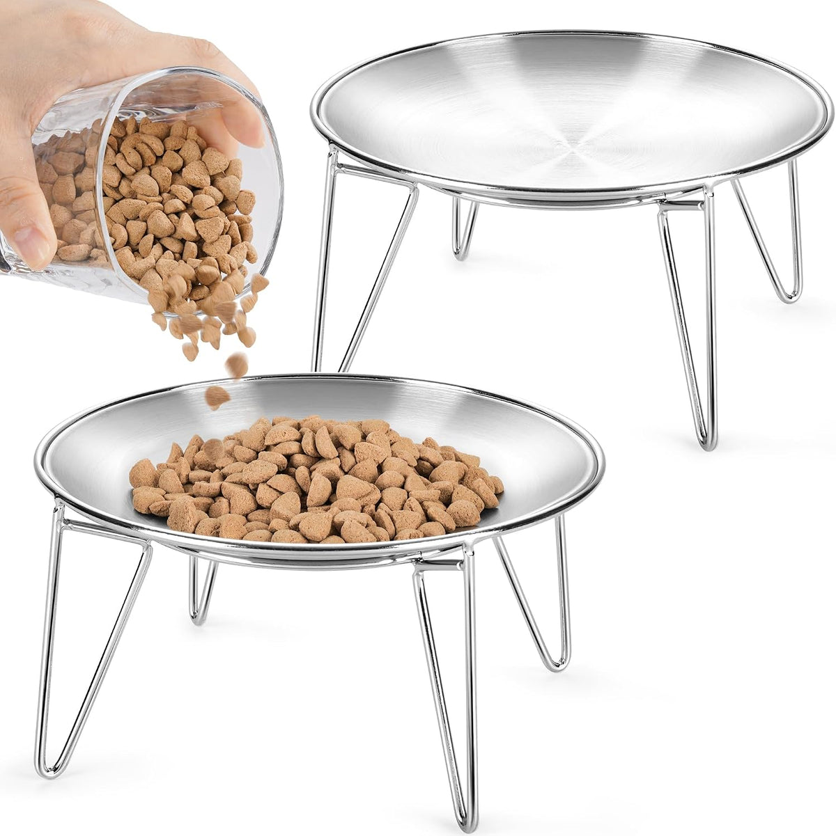 Elevated Cat Bowls, 304 Stainless Steel Raised Cat Dishes, Extra Wide Shallow Cat Bowl for Whisker Fatigue Relief & Flat