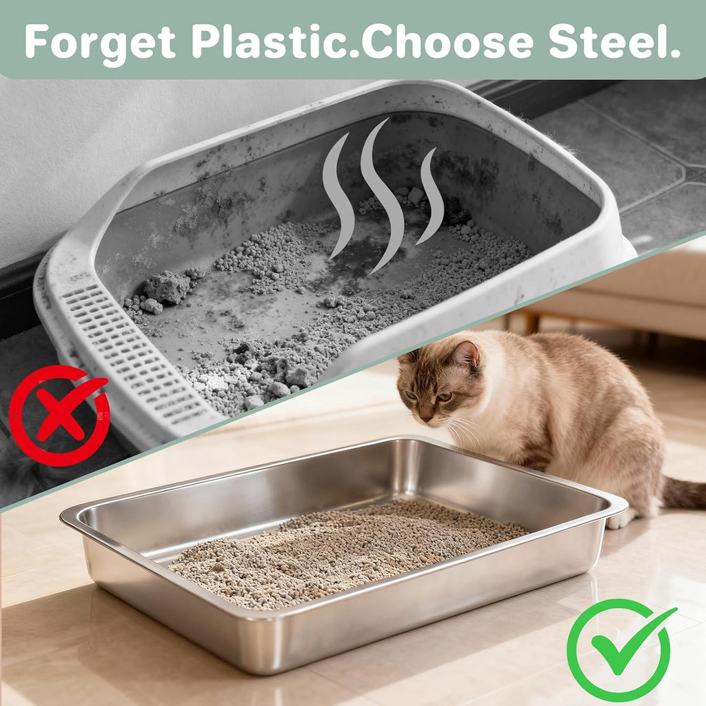 Low Entry Stainless Steel Cat Litter Box for Kittens Small cat, Metal Shallow Kitty Litter Box, Easy Access Kitty Litter