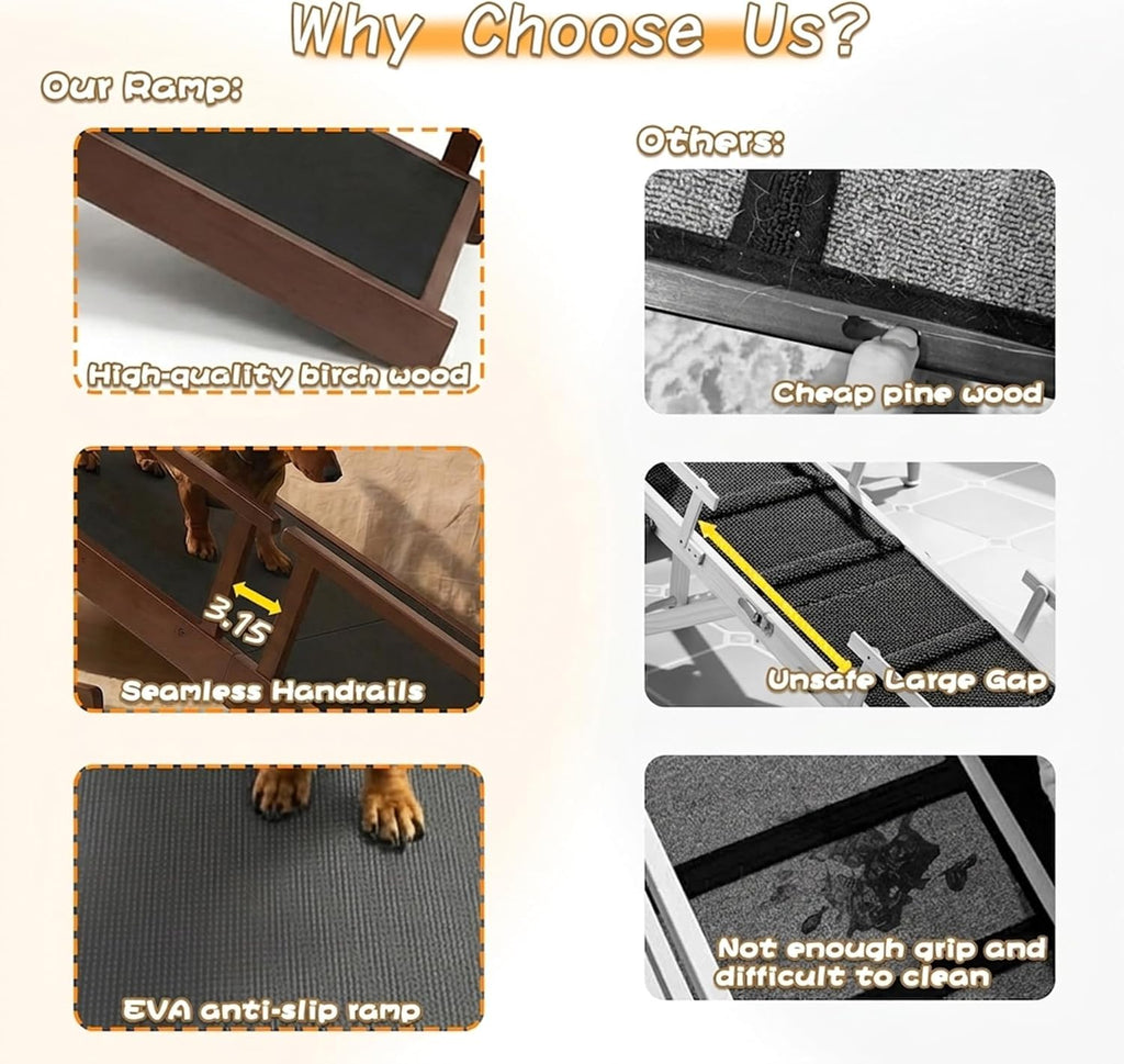 61" Dog Ramp for Bed&Couch, Non-Slip Platform with Removable Rails Walnut