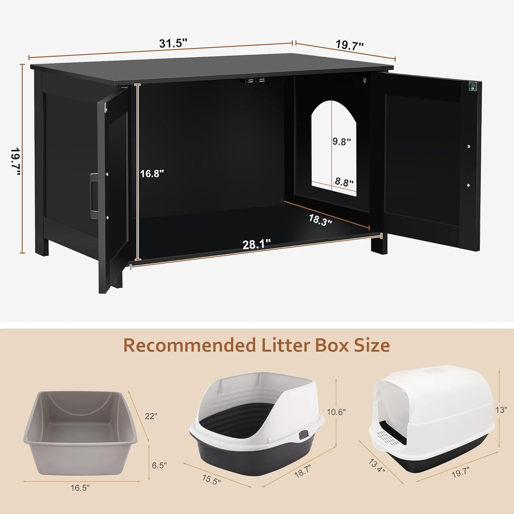 31.5"L Cat Litter Box Enclosure with Barn Door, Black