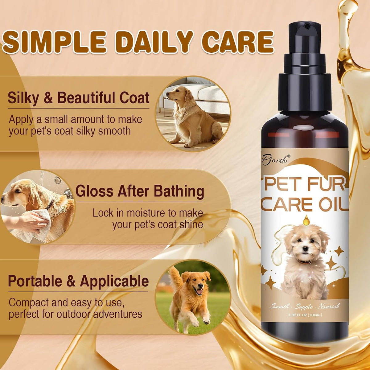 Pet Fur Care Oil for Dogs & Cats, 3.38 FL OZ Natural Oils with Collagen for Detangles, Reduces Shedding, Shiny & Silky C