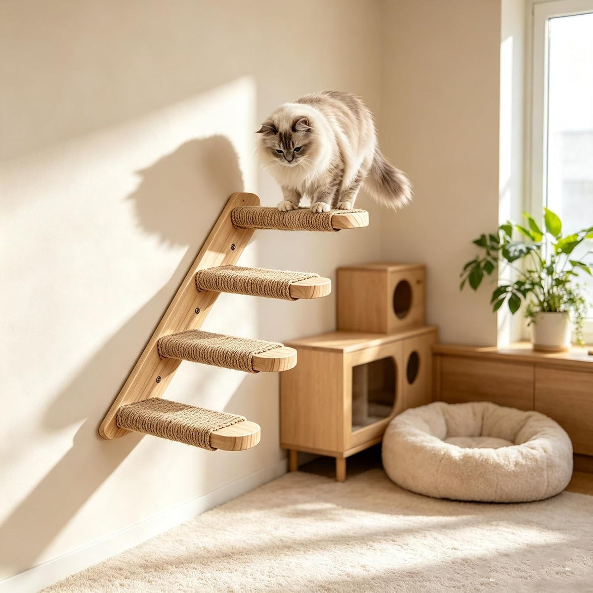 4-Layer Cat Wall Shelves Solid Wood Cat Wall Steps and Perches