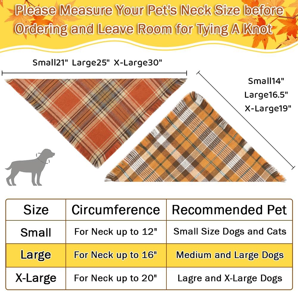 Vivifying Fall Dog Bandana, 2 Pack Plaid Dog Scarf with Tassels Edges, L