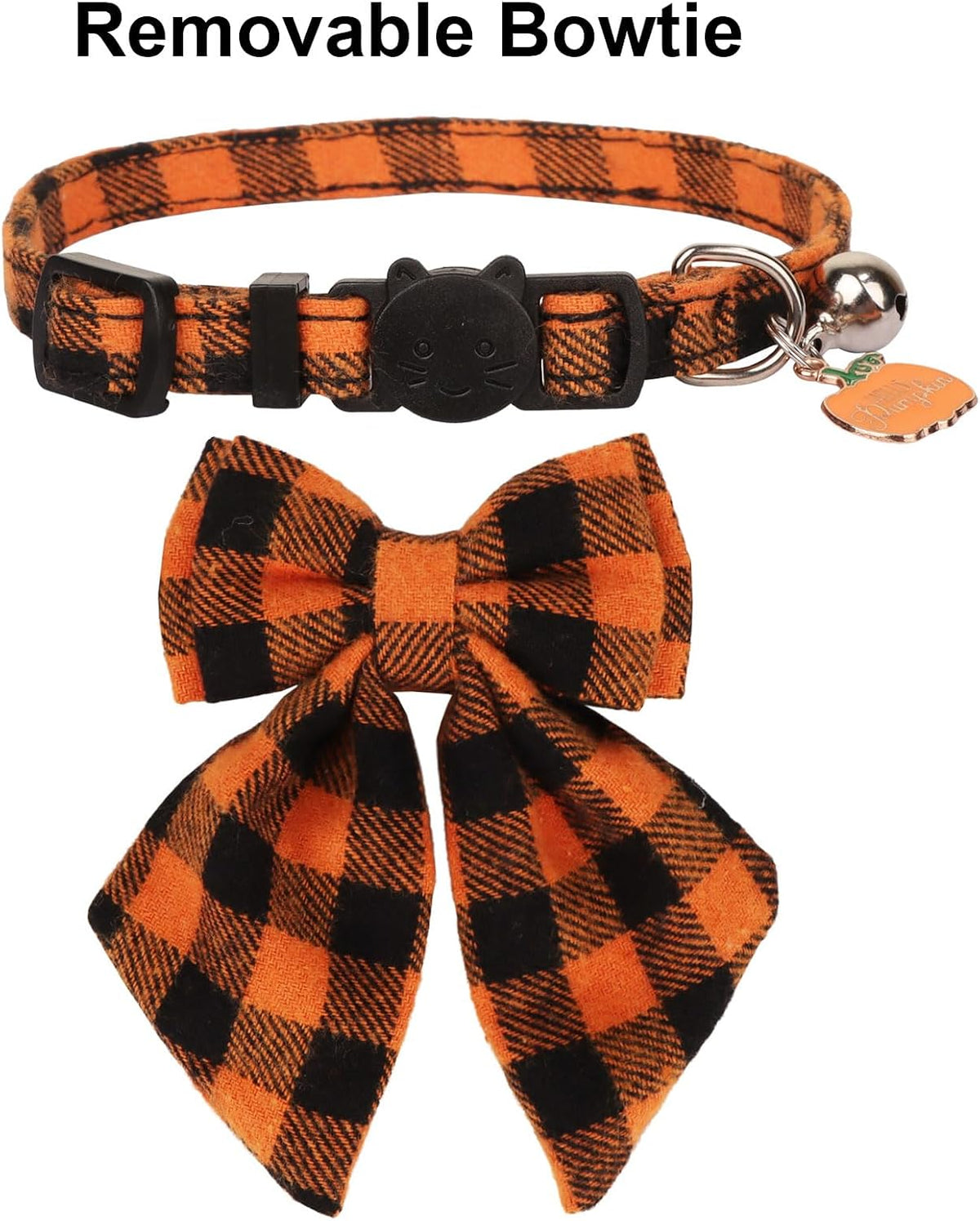 PTDECOR Fall Cat Collar with Stylish Bow, Thanksgiving Orange Plaid Collar
