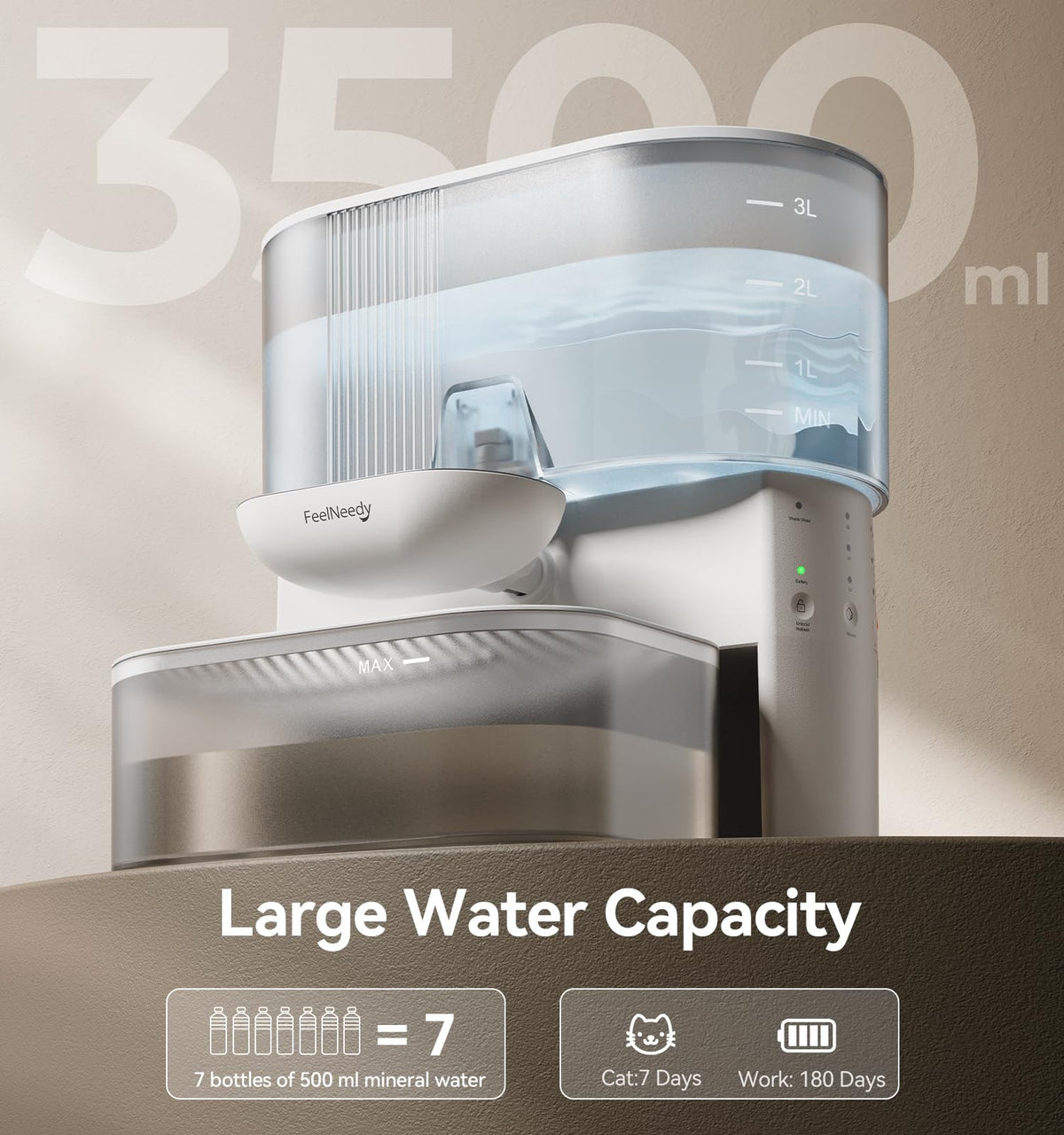 Wireless Cat Water Fountain No Filters, Wastewater Separation, FEELNEEDY Stainless Steel Bowl, 3.5L Pet Water Fountain for Cats & Dogs Dispenser, White