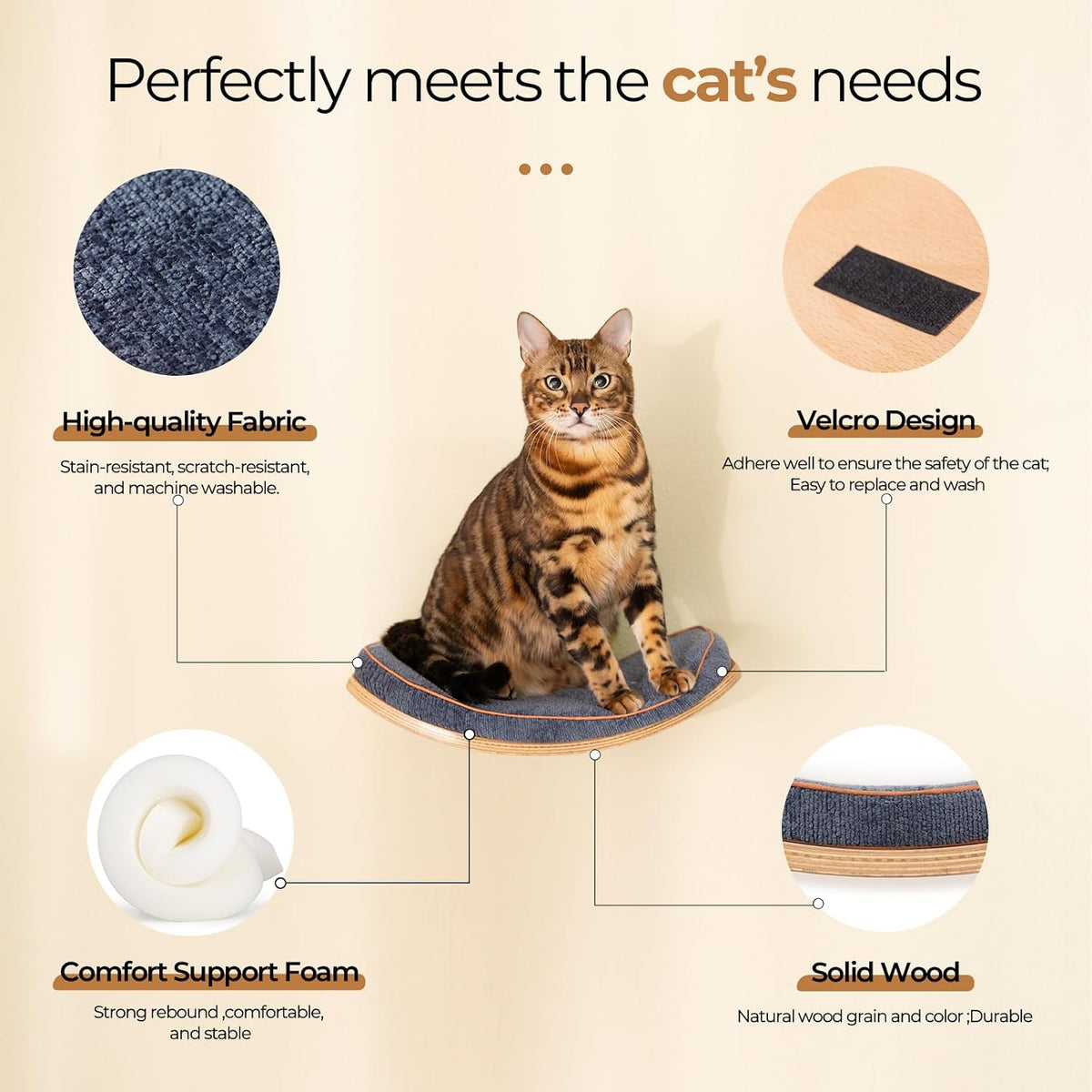 Cat Wall Shelves for Cat Wall Steps, Perch, Ladder, Wooden Floating Modern Mounted Space Saving Furniture with Scratchin