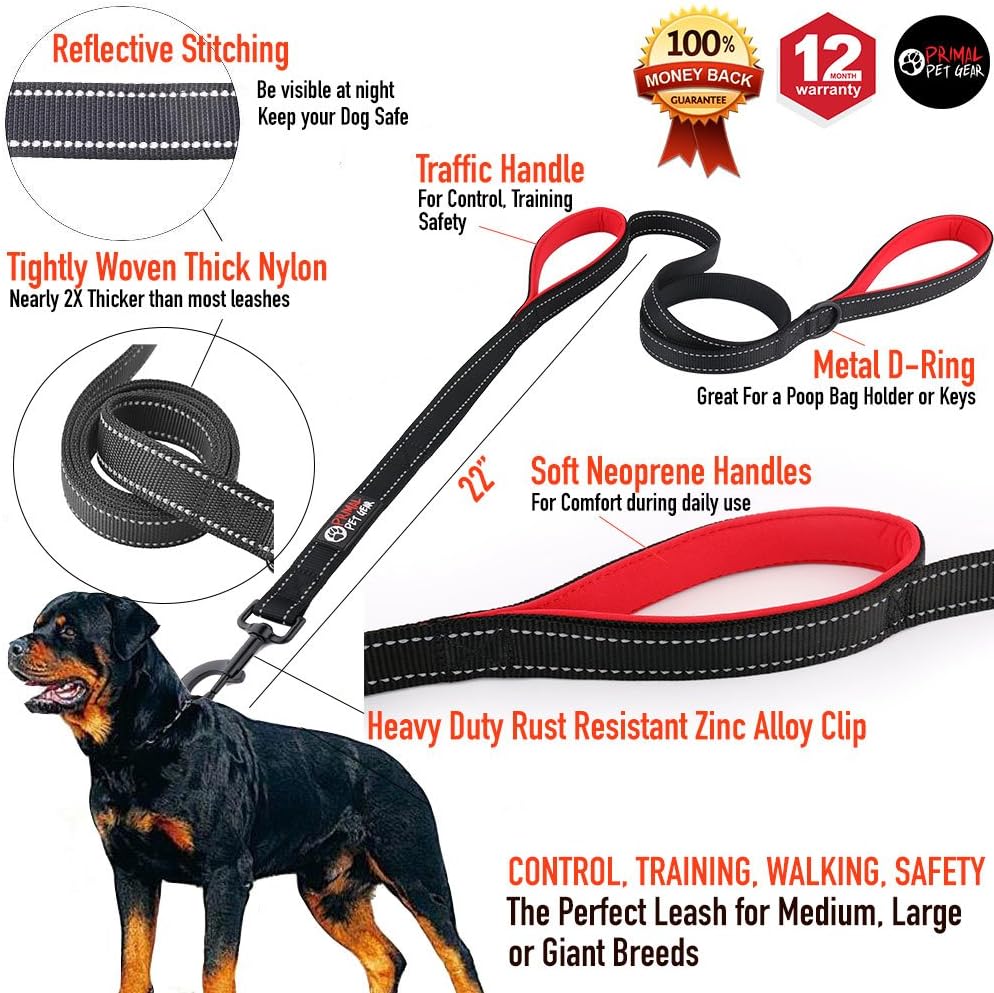 Dog Leash 8ft Long - Black - Traffic Padded Two Handle - Heavy Duty - Double Handles Lead for Control Safety Training - 