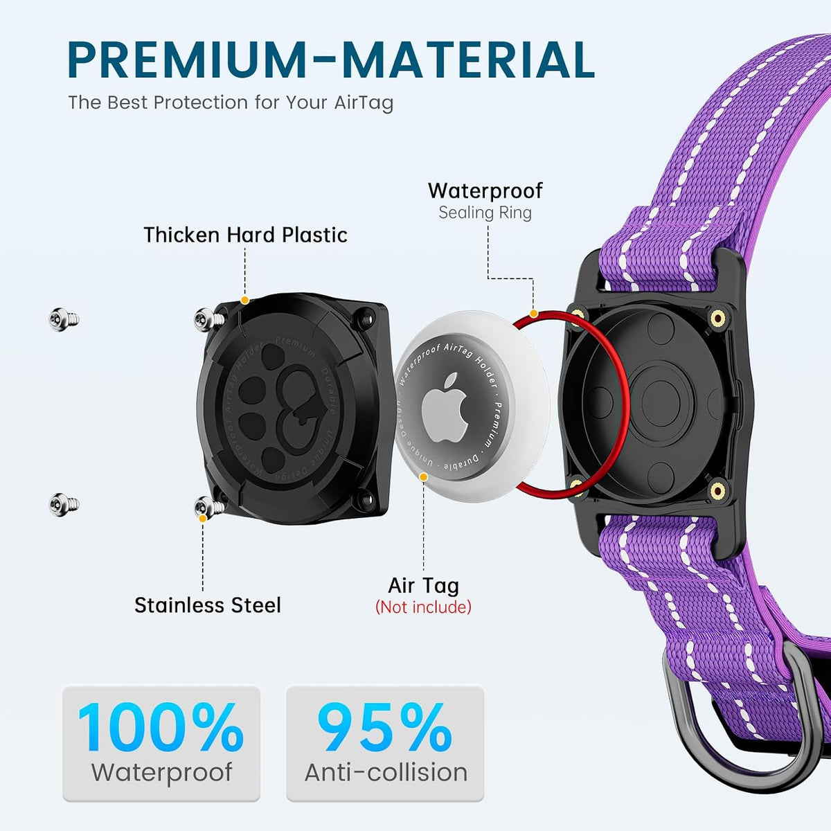 AUBELL Airtag Dog Collar and Bungee Leash Set for Medium Dogs(Purple,M)