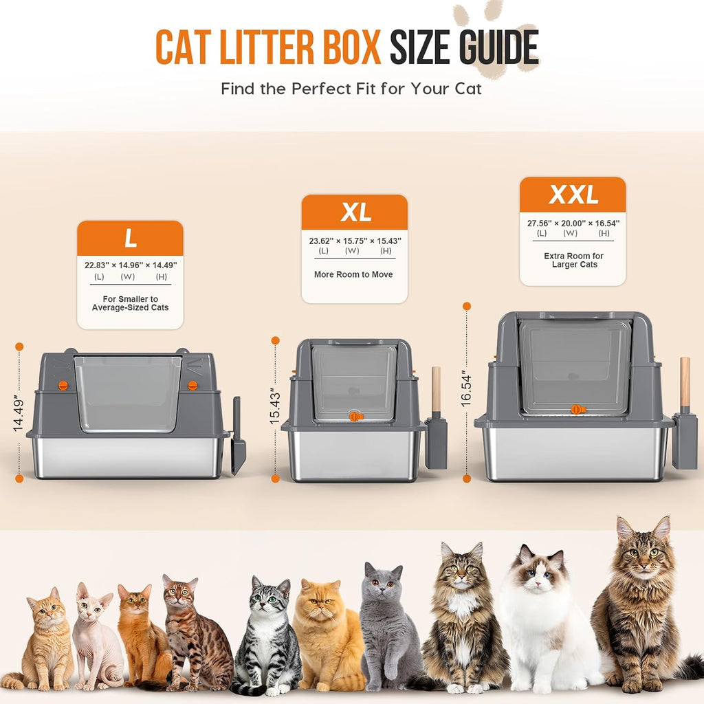 Stainless Steel Litter Box with Lid,135° Flip-Top Lid Litter Box