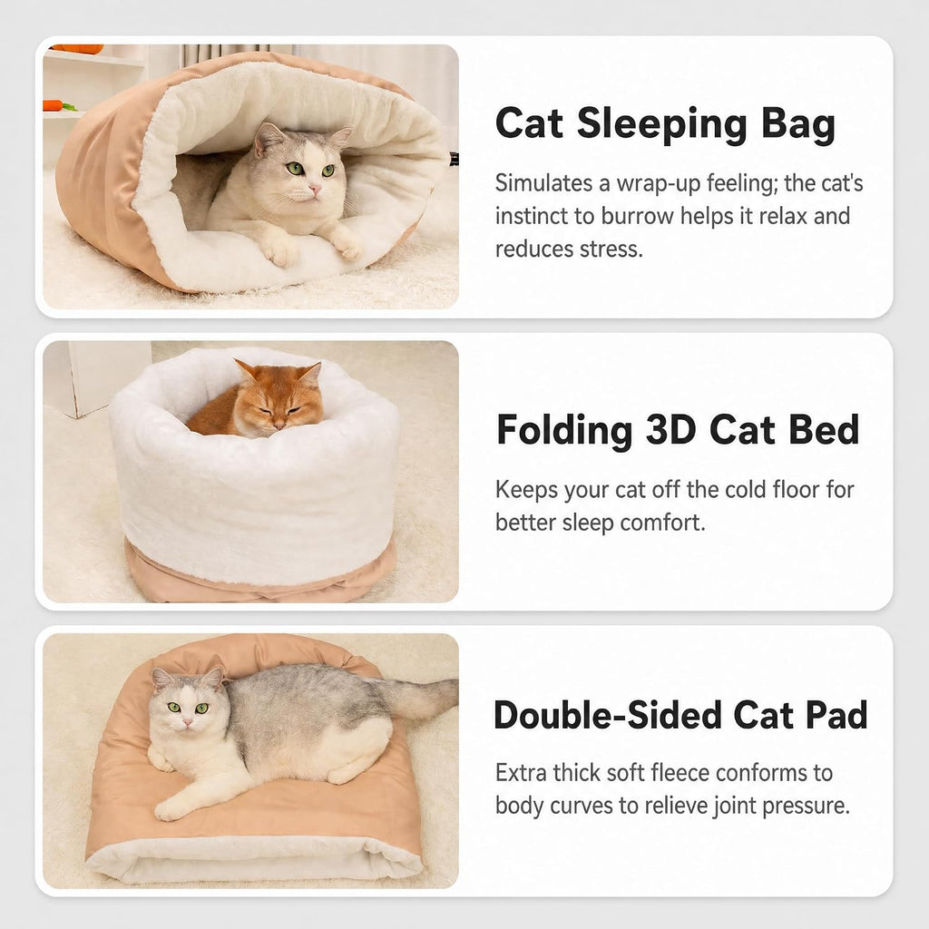 Cat Sleeping Bag Cave Bed Self Warming Heated Cat Bed Cozy Enclosed Cat Cave for Indoor & Outdoor Cats, Fluffy Warm Burr