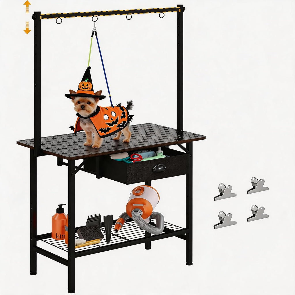 Dog Grooming Table with Drawers and Mesh Tray,32 Inch Adjustable Pet Grooming Table with Non-slip Removable Washable Mat