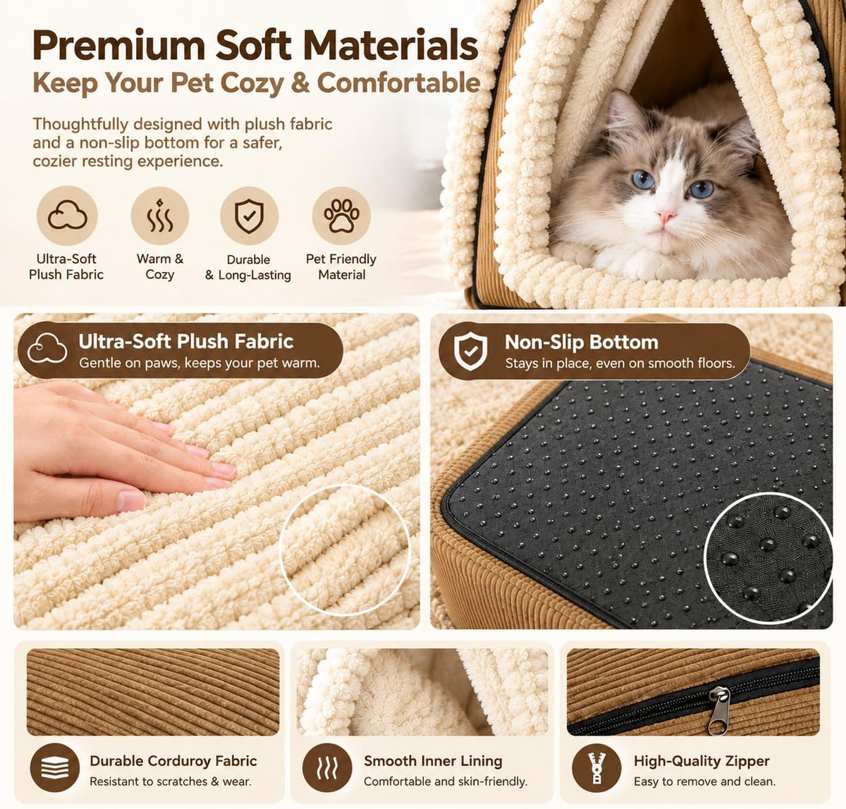 Cat House for Indoor Cats, Enclosed Cat Cave Bed with Curtain Door, Covered Pet House for Cats and Dogs, Removable Washa