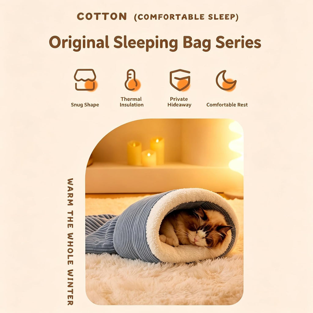 Cat Sleeping Bag Cave Bed, Soft Plush Enclosed Cat Nest, Warm Burrow Cat Bed for Indoor Cats, Anti Cold Semi Closed Pet 