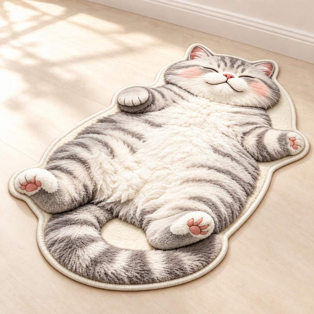 Sleeping Cat Rug, Plush Cat Shaped Floor Mat for Bedroom and Entryway