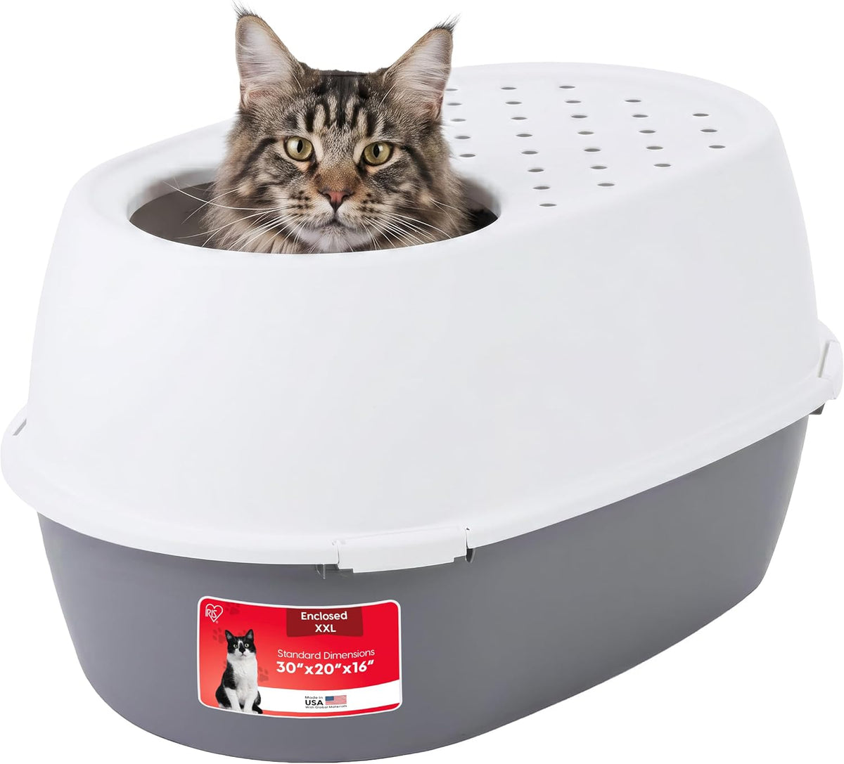 IRIS USA Top Entry Cat Litter Box, Hooded Privacy, Large, Beige/White
