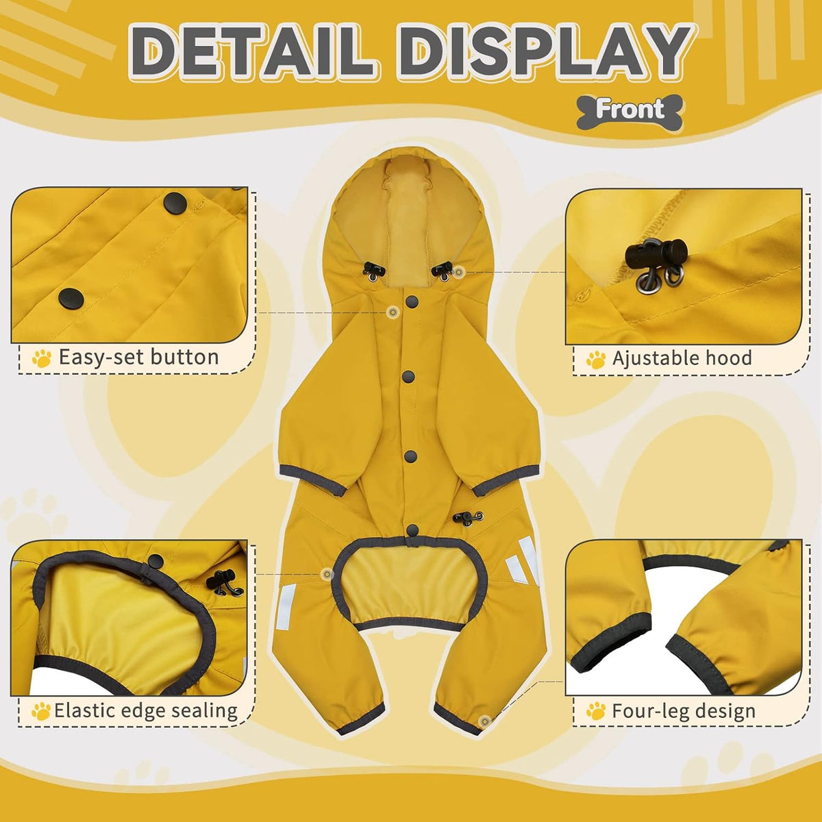 Dog Raincoat, Waterproof Dog Rain Jacket with Hood, Dog Rain Coat with Leash Hole, Reflective Strap for Small Medium Dog