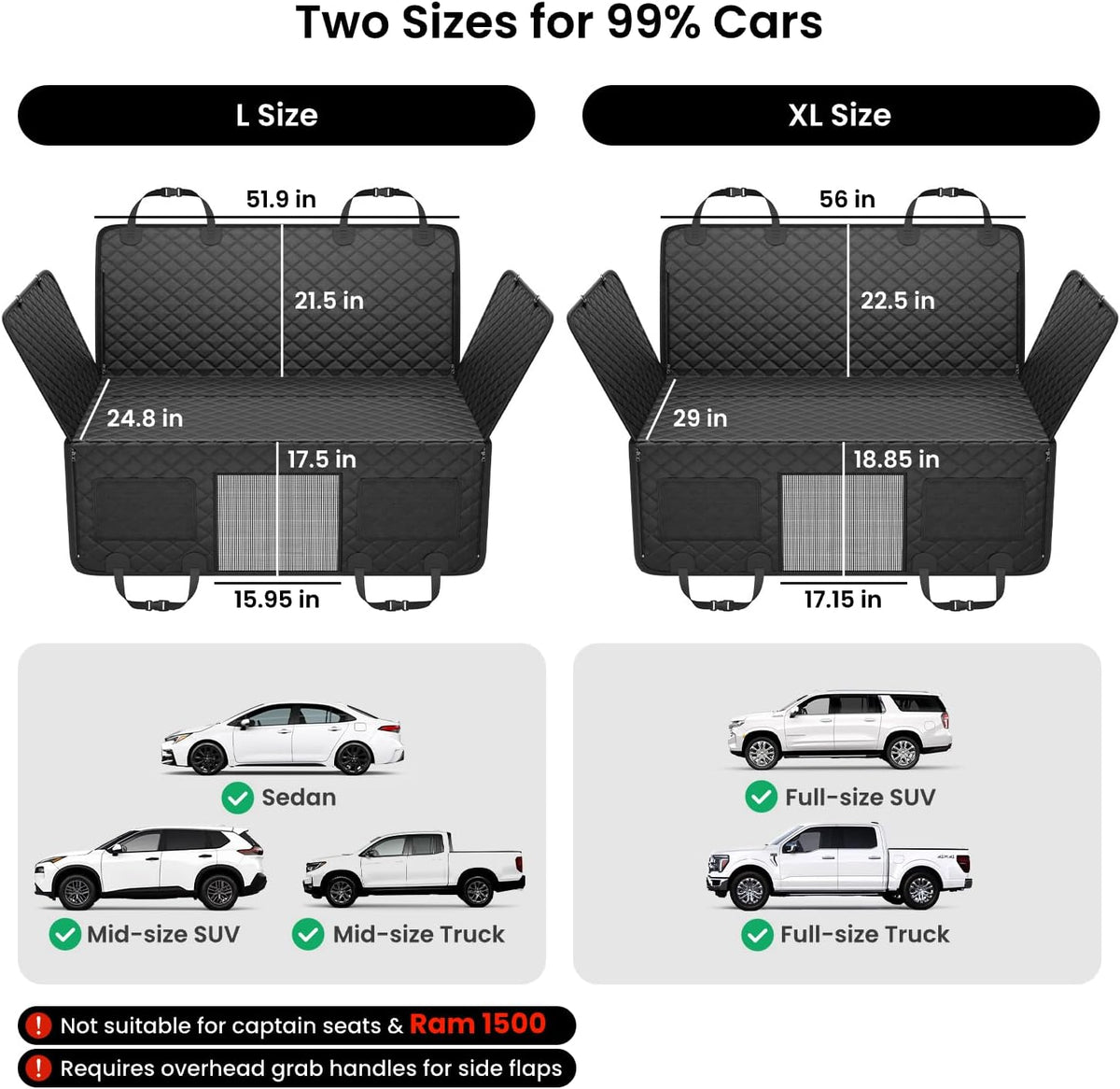 Dog Truck Seat Cover for Back Seat, Hard Bottom, XL, Black