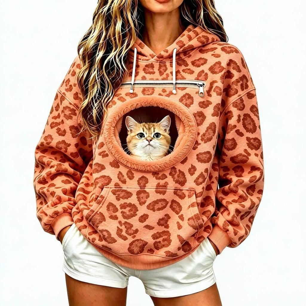 Womens Leopard Print Hoodie - Pet Pouch, Cat Dog Carrier, Kangaroo Pocket