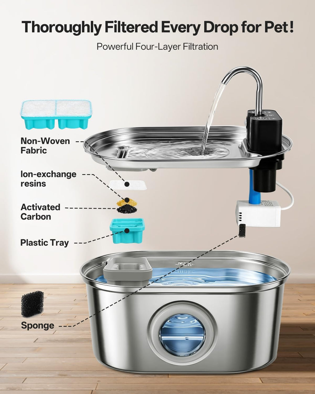 Wireless-Stainless Steel Cat Water Fountain-108oz/3.2L Pet Fountain Rechargeable & Cordless Design, Ultra-Quiet Pump-Eas