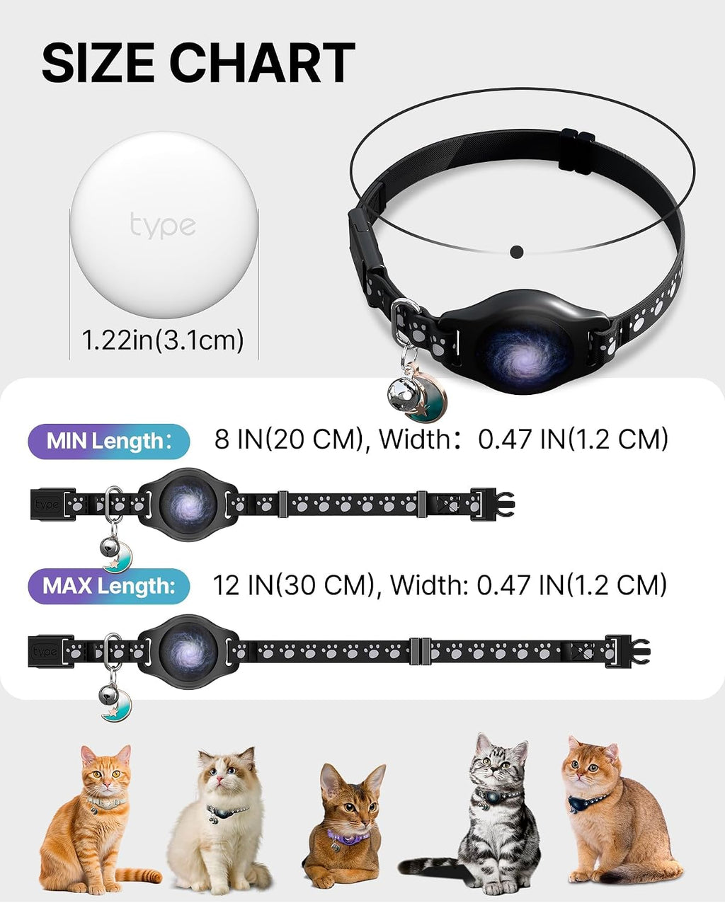 Cat Tracker Collar with Finder Tag - Waterproof Airtag Cat Collar, Black