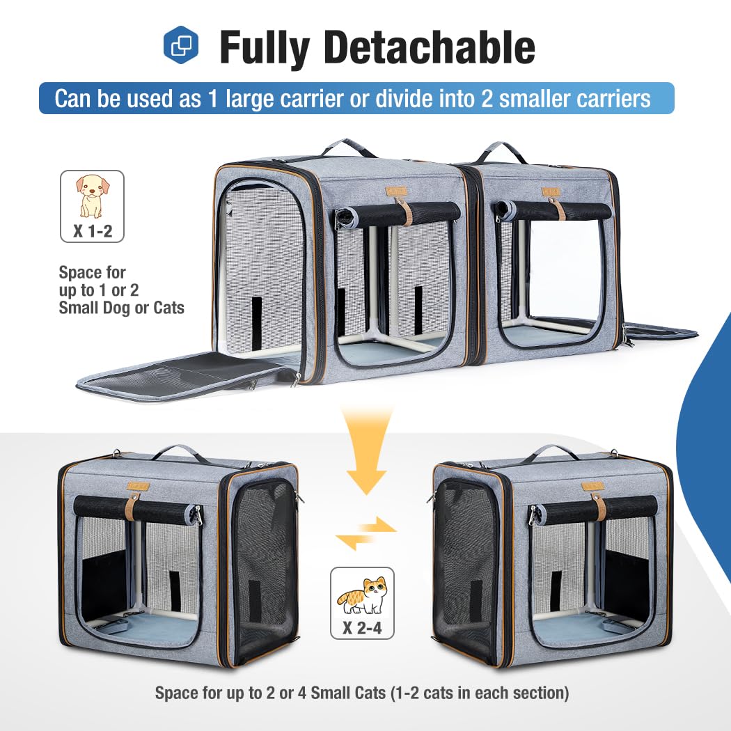 Lekereise Soft-Sided Large Cat Carrier for 2 Cats with Litter Box, 2-in-1 Double Travel Carrier for Moving & Long Road Trips, Zipper Locks Escape Proof, (17.7" x2) x16.5"x13" - Grey