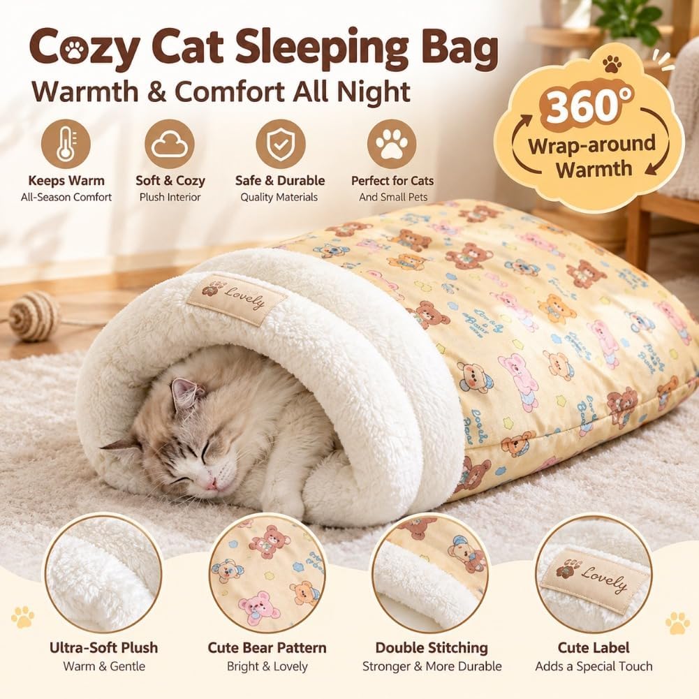 Cat Sleeping Bag Warm Soft Fluffy Cozy Pet Bed for Indoor Cats