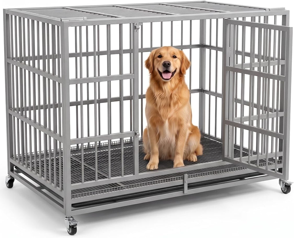 KOKOTANGS 48 Inch Heavy Duty Dog Crate Cage with Wheels, Indestructible and Escape Proof Steel Kennel Indoor for High An