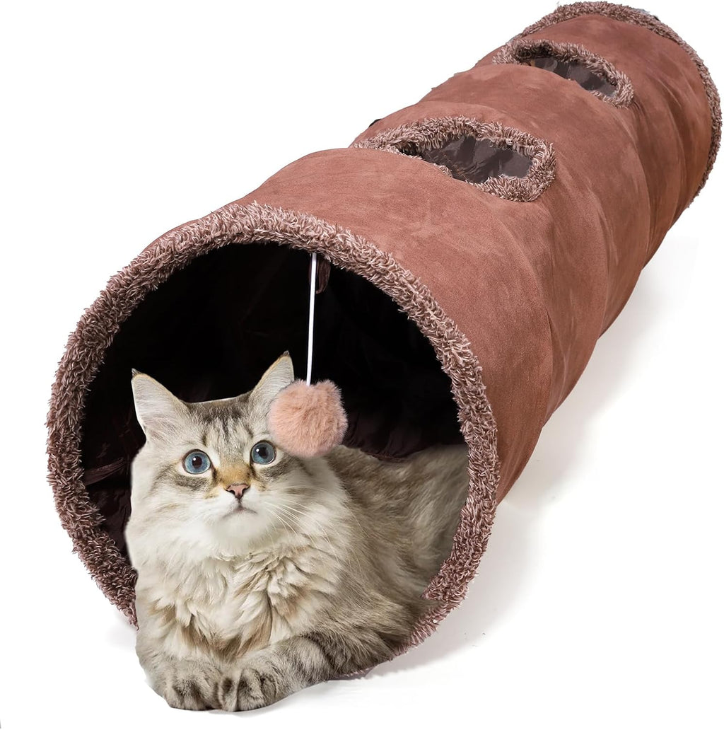 51"x 12" Collasiple Cat Play Tunnel, Cats Tubes and Tunnels, Cat Foldable Hide and Seek Tunnel Toy, Brown Suede Pet Tube