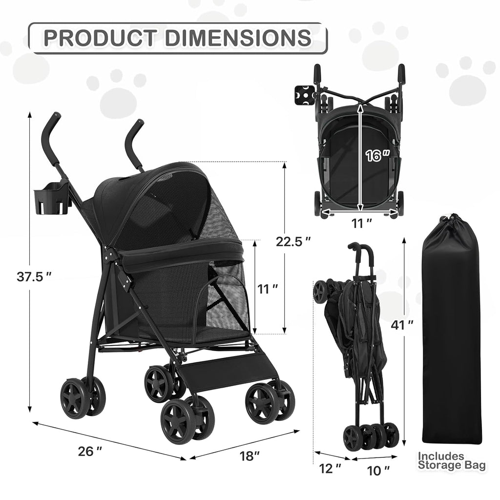 MoNiBloom Pet Stroller for Small/Medium Dogs and Cats up to 22 lbs, Black