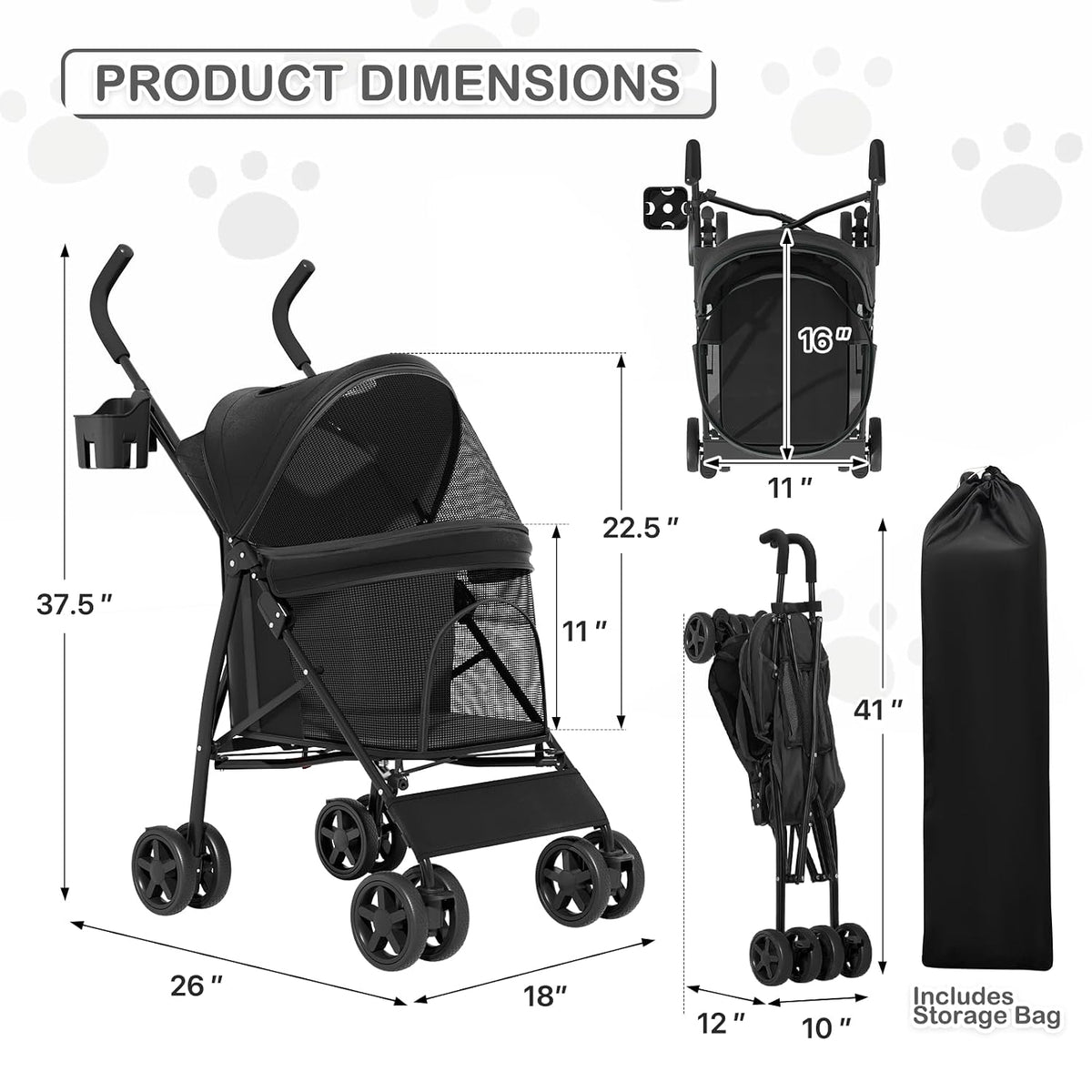 MoNiBloom Pet Stroller for Small/Medium Dogs and Cats up to 22 lbs, Black