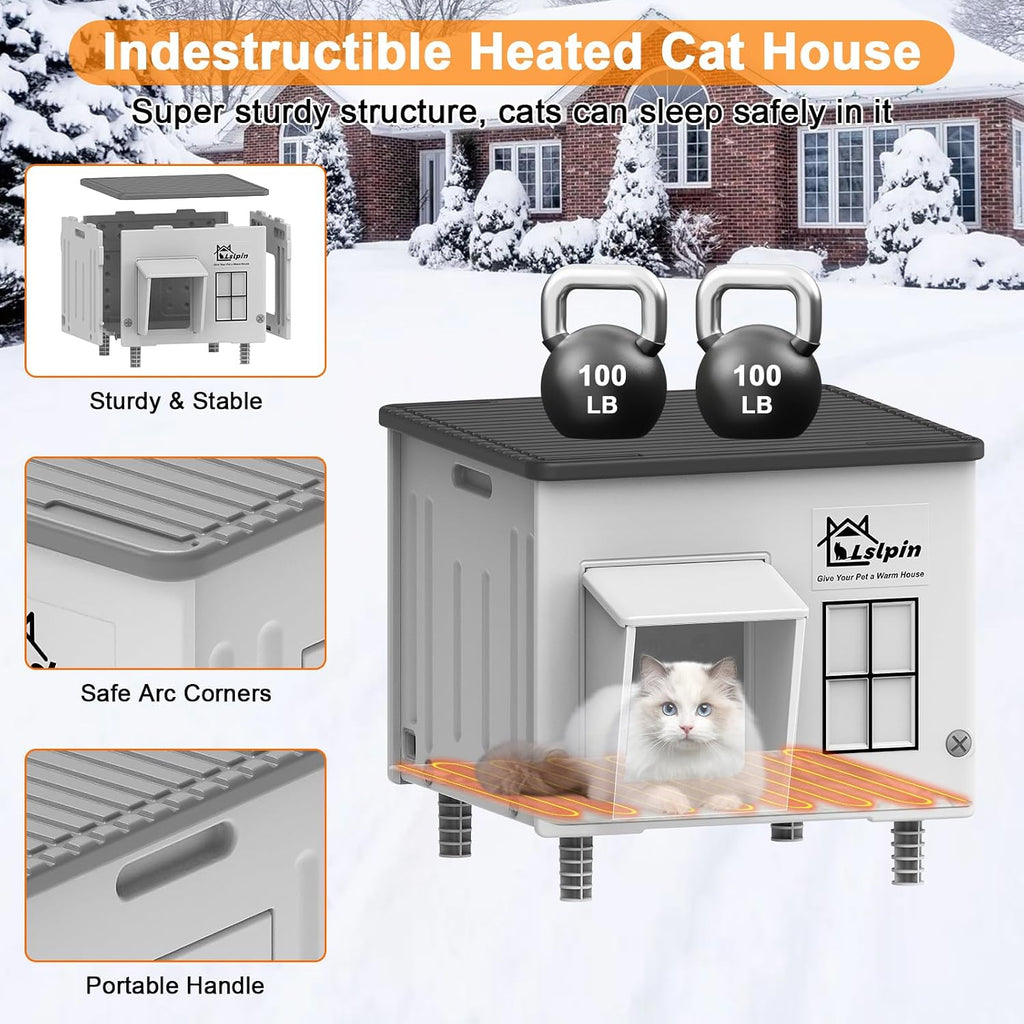 Indestructible Heated Cat House for Outside Cats Winter,Weatherproof & Insulated & Elevated Feral Cat House with Escape 