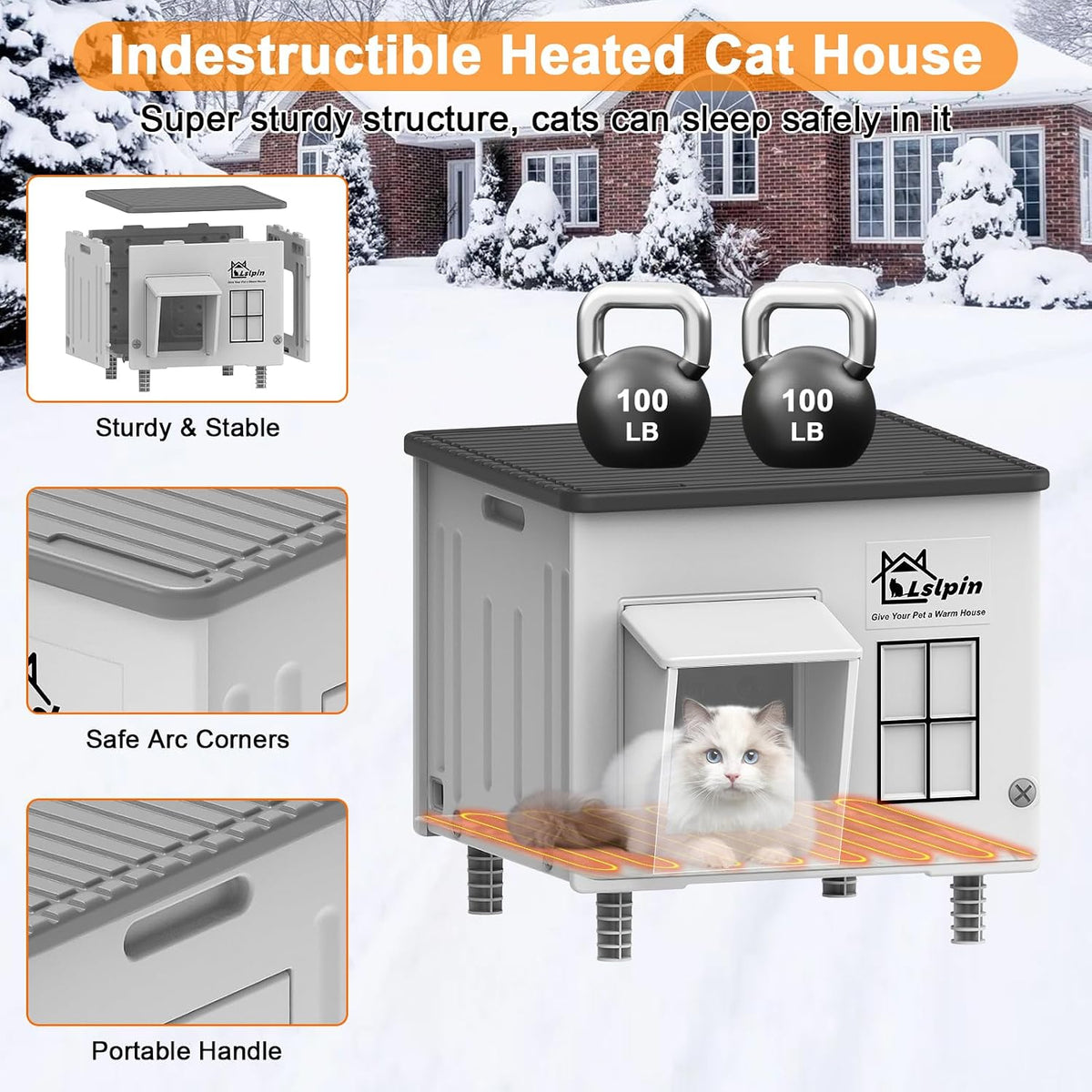 Indestructible Heated Cat House for Outside Cats Winter,Weatherproof & Insulated & Elevated Feral Cat House with Escape 