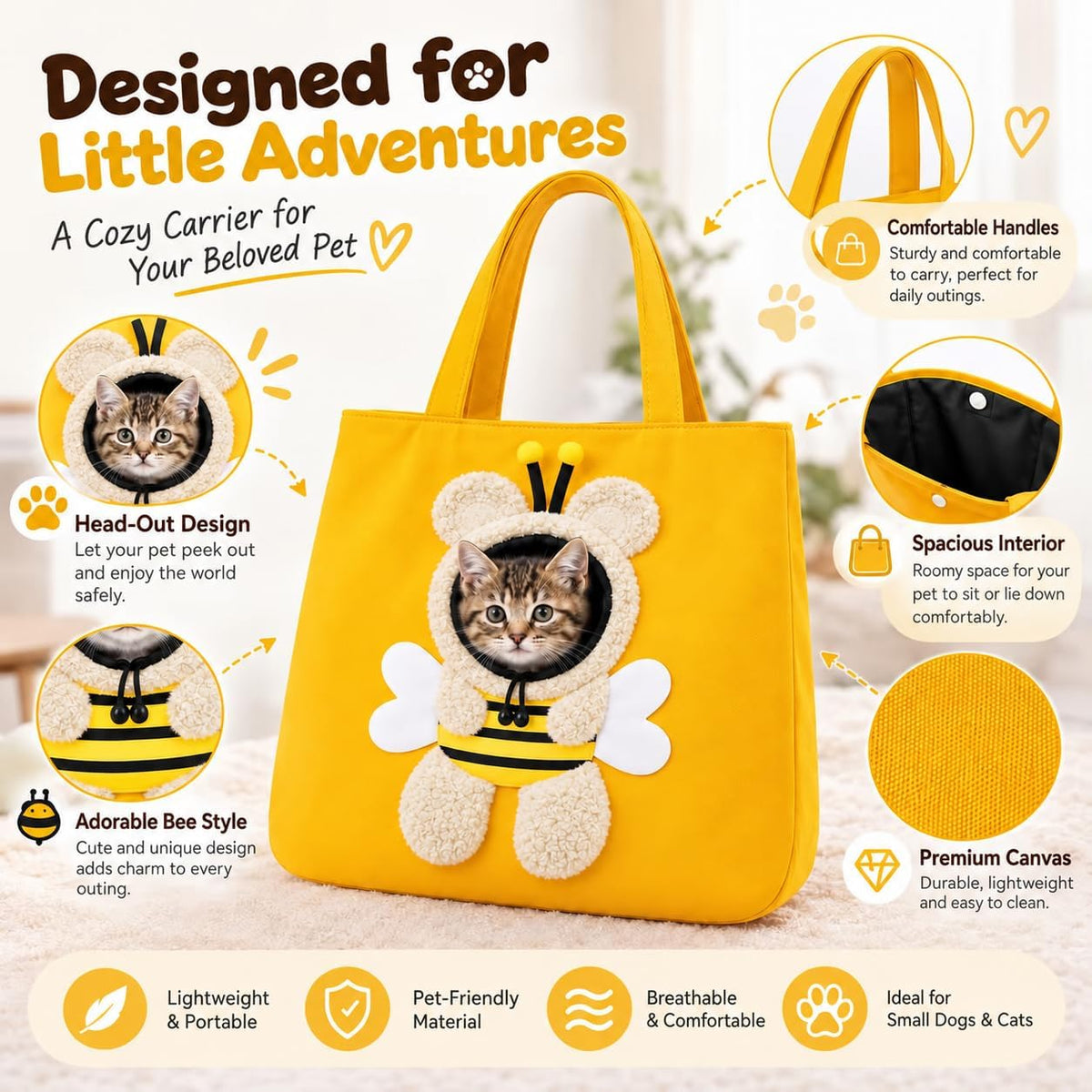 Head-Out Pet Carrier Tote for Small Cats and Dogs, Adjustable Head Opening