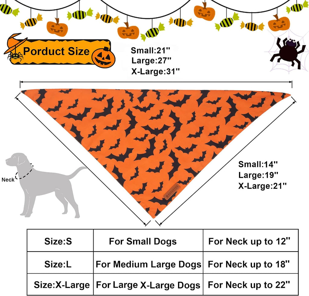 Halloween Dog Bandanas, Reversible Bat Pumpkin Dog Scarf, X-Large