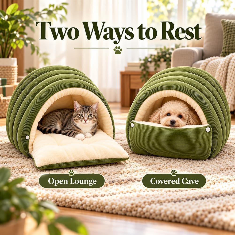 Upgrade Dog Cave Bed for Small Dogs and Cats, Covered Pet Bed with Plush Interior and Ribbed Exterior, Cozy Indoor Hidea