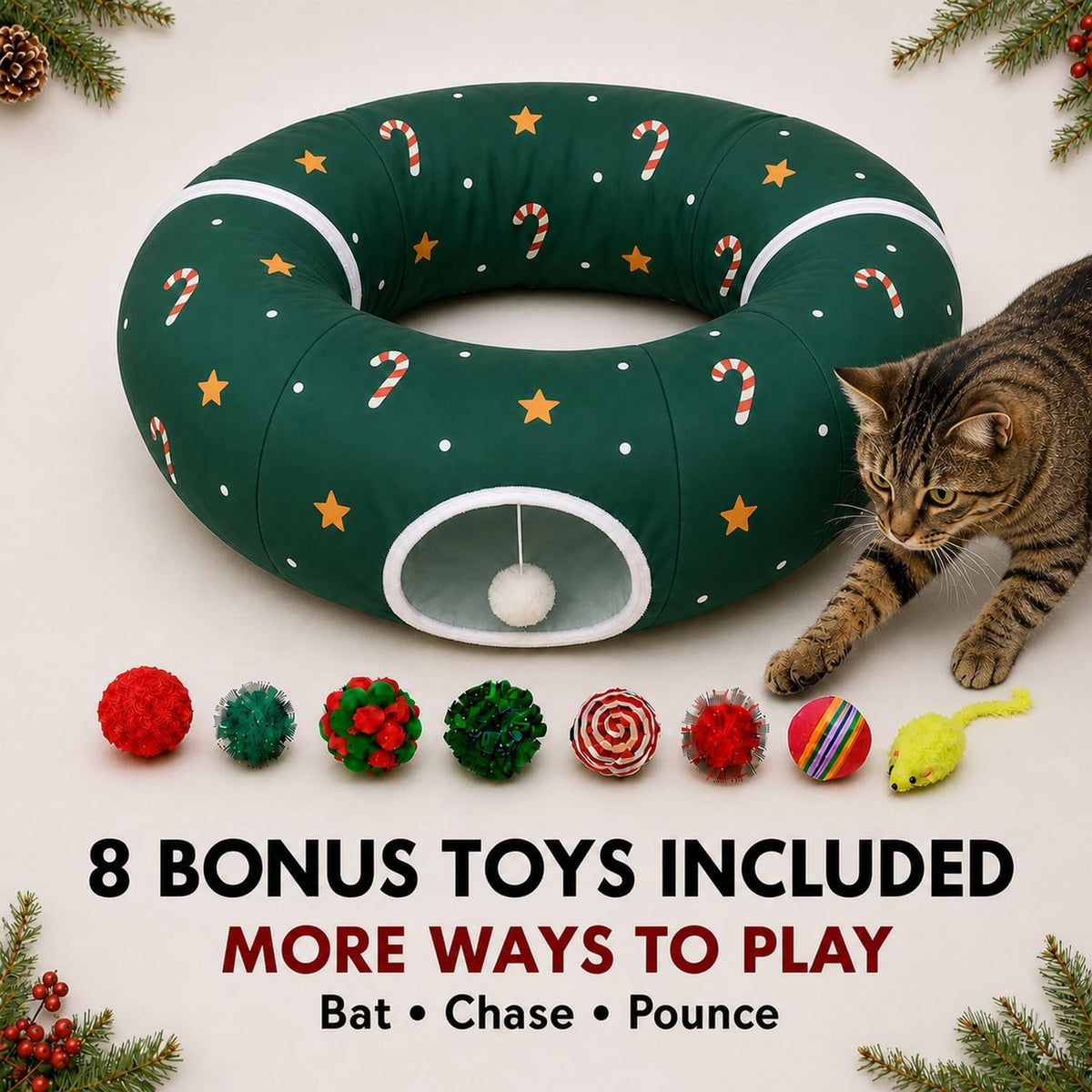 Cat Tunnel Under Tree in Christmas Style with Star, Crutches Candy, and Snowflakes Patterns - 3FT x 3FT x 9.8 INCH Size 