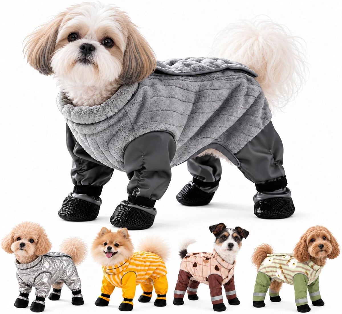 2027 New Dog Snowsuit with Attached Boots Full Body Winter Coat (Silver,Medium)