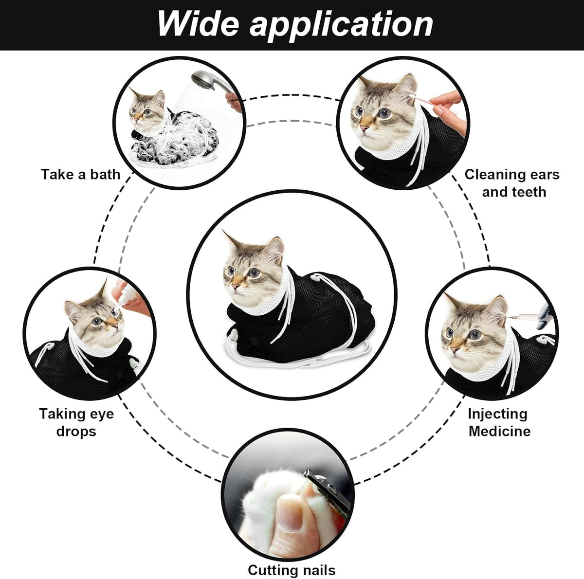 Cat Bathing Bag, Breathable Mesh Cat Shower Bag Anti Scratch Adjustable Grooming Washing Bag for Nail Trimming Soft Poly