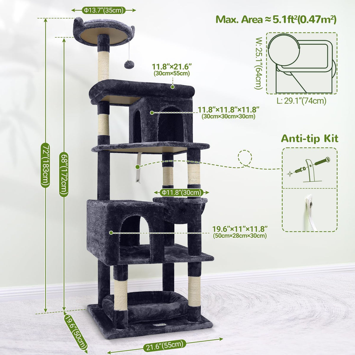 Globlazer S72 Heavy Duty Cat Trees for Large Cats 20 lbs+, Dark Gray