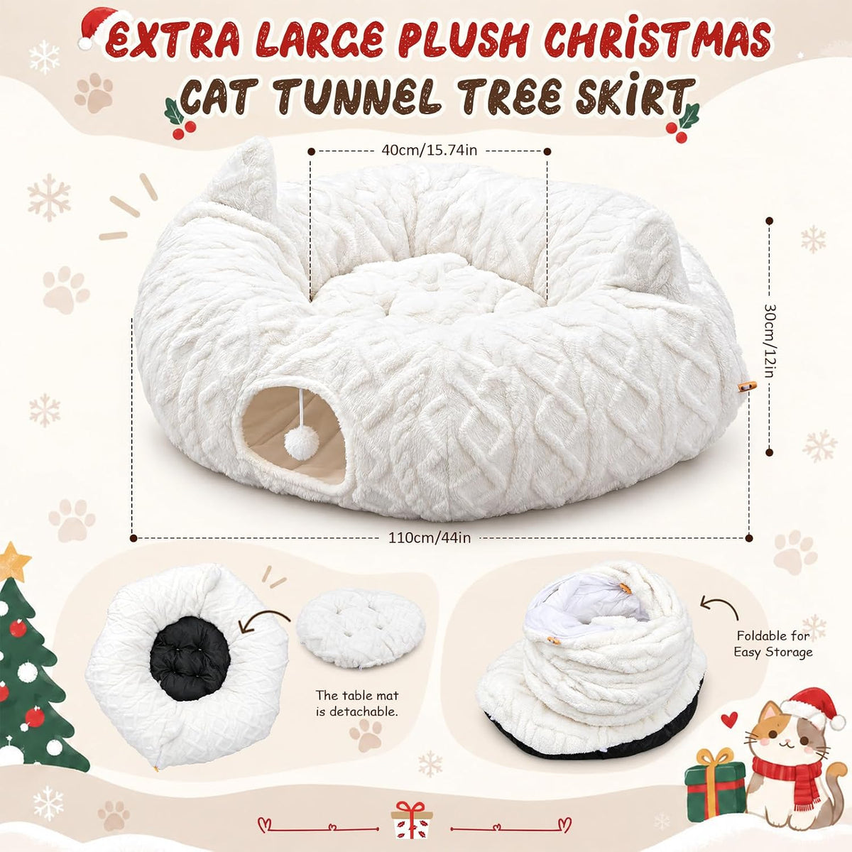 Christmas Cat Tunnel Tree Skirt, White, 43.3 x 12 in, Cat Ear