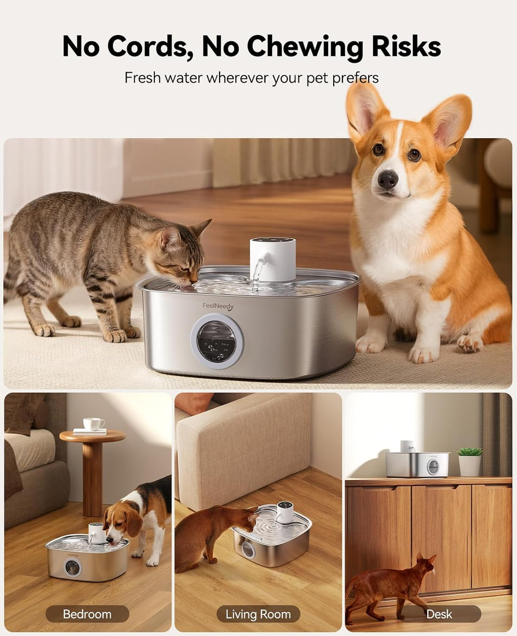 Cordless Wider Tray Dog Water Fountain, 5000mAh Battery Operated Dog Water Bowl Dispenser with 3 Motion Sensor, FEELNEED