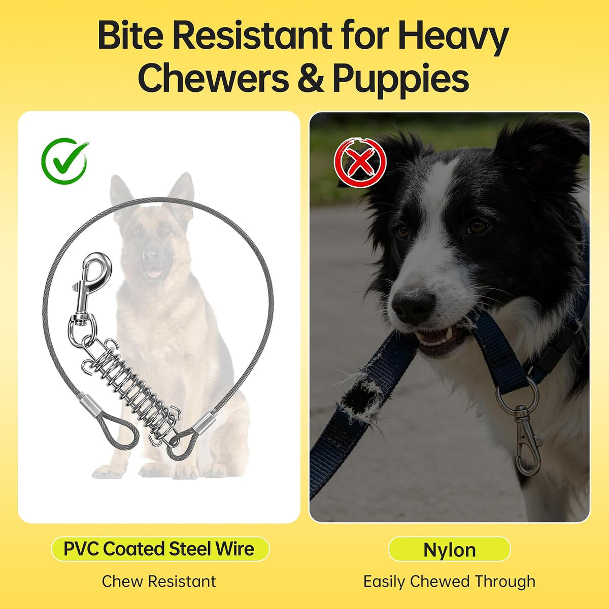 Chew Proof Steel Cable Standard Dog Leash with Spring, Black, 24IN/60CM