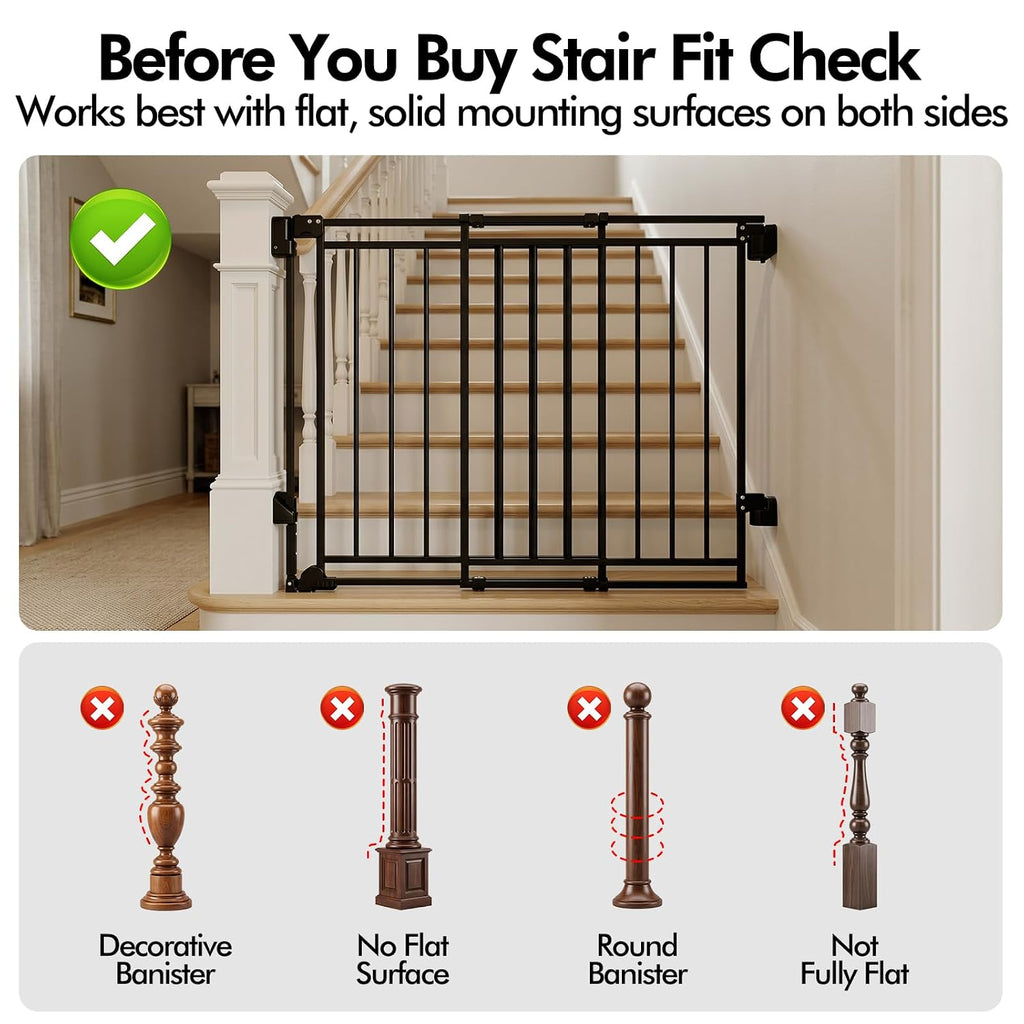 Baby Gate with No Bottom Bar, 29" H x 26.4-43" W, Black | Drill Required, Hardware Mounted, One-Hand Operation, Auto Clo