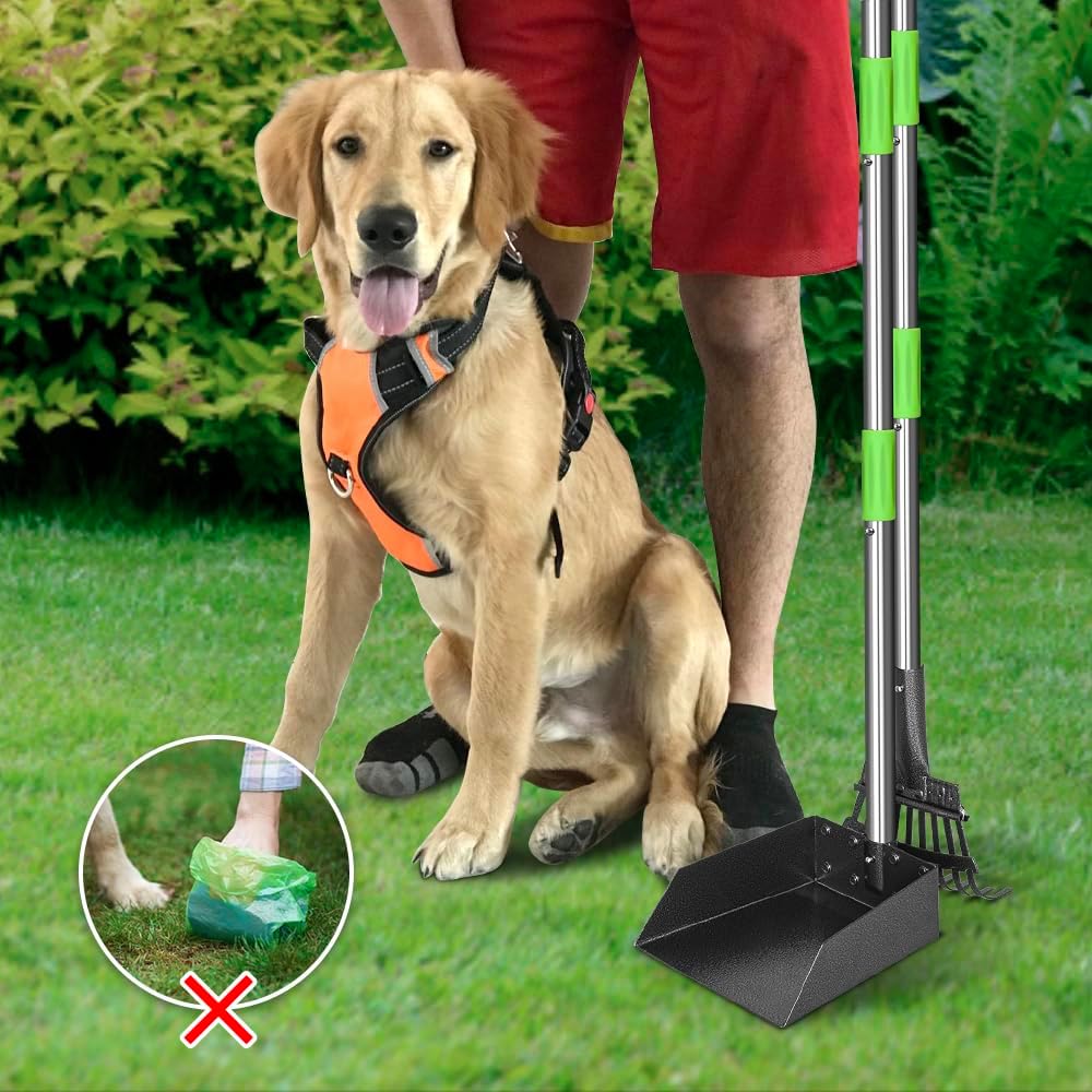 Pooper Scooper, Dog Pooper Scooper Long Handle Stainless Metal Tray and Rake for Medium Small Dogs Heavy Duty Pet Suppli