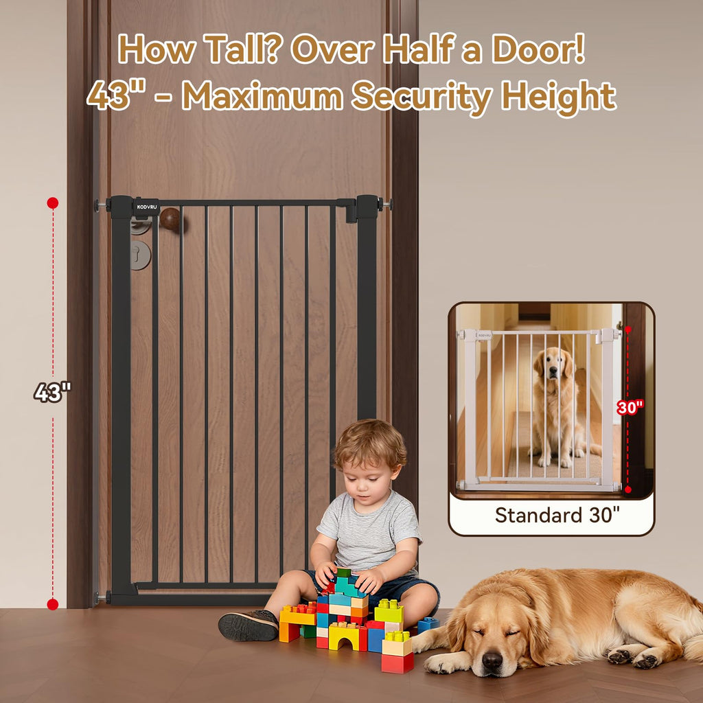 KODYRU 43 inch Tall Safety Baby Gate Adjustable 29.7-45.2inch Extra-Wide Metal Baby Gate Drill-Free Pressure-Mount Installation kit Self-Closing BabyGate for Stairwells、Doorways（Black）