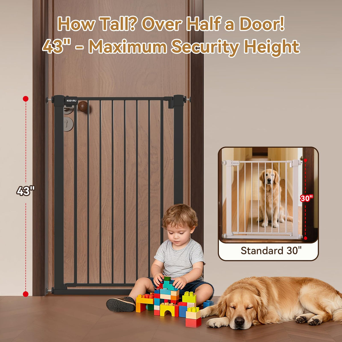 KODYRU 43 inch Tall Safety Baby Gate Adjustable 29.7-45.2inch Extra-Wide Metal Baby Gate Drill-Free Pressure-Mount Installation kit Self-Closing BabyGate for Stairwells、Doorways（Black）